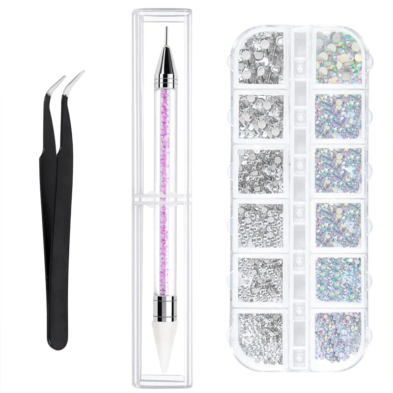 

6-Size Crystals Nail Art Rhinestones and Clear Crystal Rhinestones with Pick Up Tweezer and Rhinestone Picker Dotting Pen