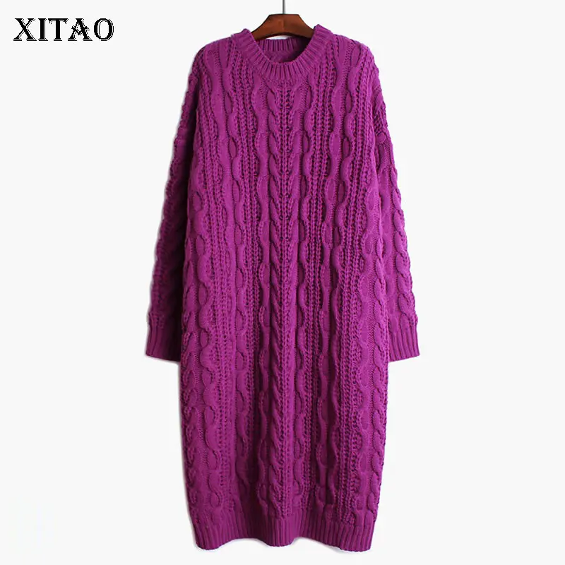 

XITAO O-neck Vintage Sweater Dress 2021 Autumn Winter New Arrival Loose Solid Color Knitting Pullover Mid-length GWJ0193