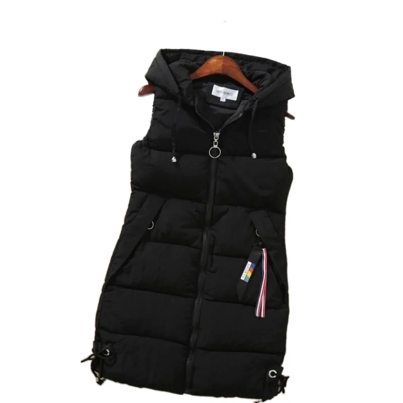 Пуховик женский хлопковый жилет зимний без рукавов средней длины с капюшоном