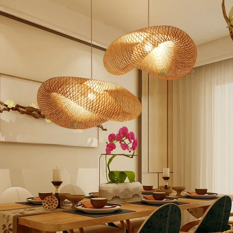 

Japanese Korean Bamboo Weaving Art Pendant Lights Cafe Bar Modern Light Fixture Dining Light Bedroom Hanging Lamp LED 90-260V AC