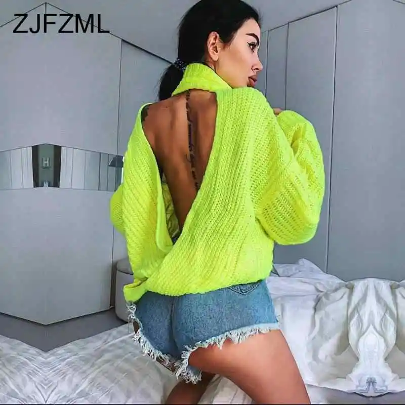 Неоновый зеленый вязаный свитер для женщин осень 2019 открытая спина крест-накрест