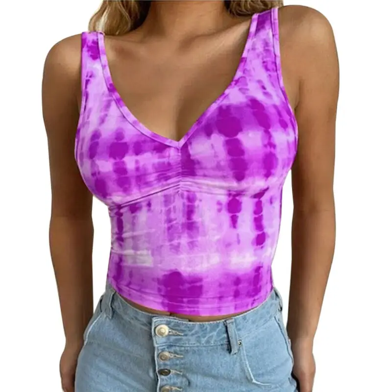 

Damen Farbe Tie-Dye Print rmellose O-Neck T-Shirt Weste Slimfit Tanks Tops
