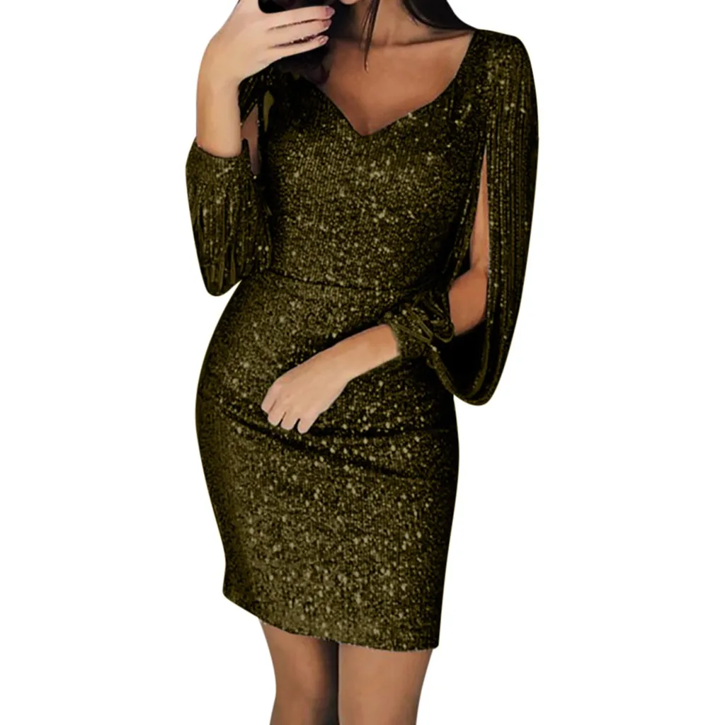

Comfortable And Popularwomen Sexy Solid Sequined Stitching Shining Club Sheath Long Sleeved Mini Dress Free Shipping