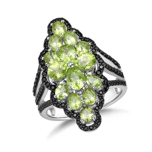 GZ ZONGFA Genuine 925 Sterling Silver Ring for Women 3.5 Carats Natural Peridot Black Spinel Marquise Gemstone Ring Fine Jewelry