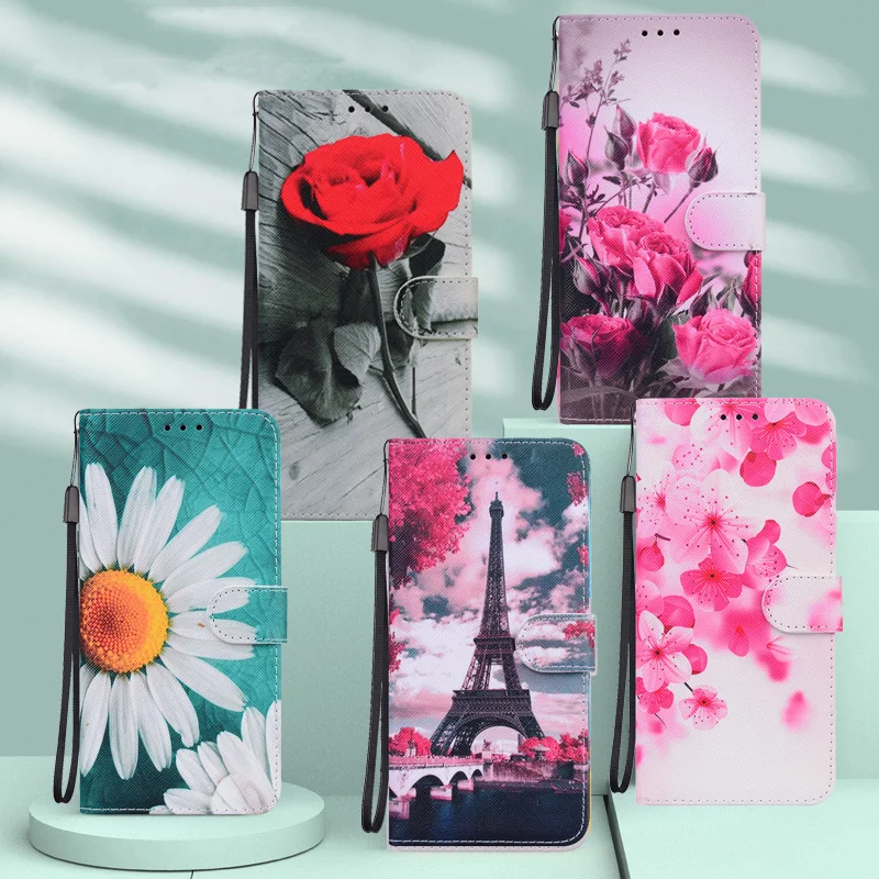 Кожаный чехол-бумажник с откидной крышкой изображением роз и кошек для iPhone 13 12 Mini