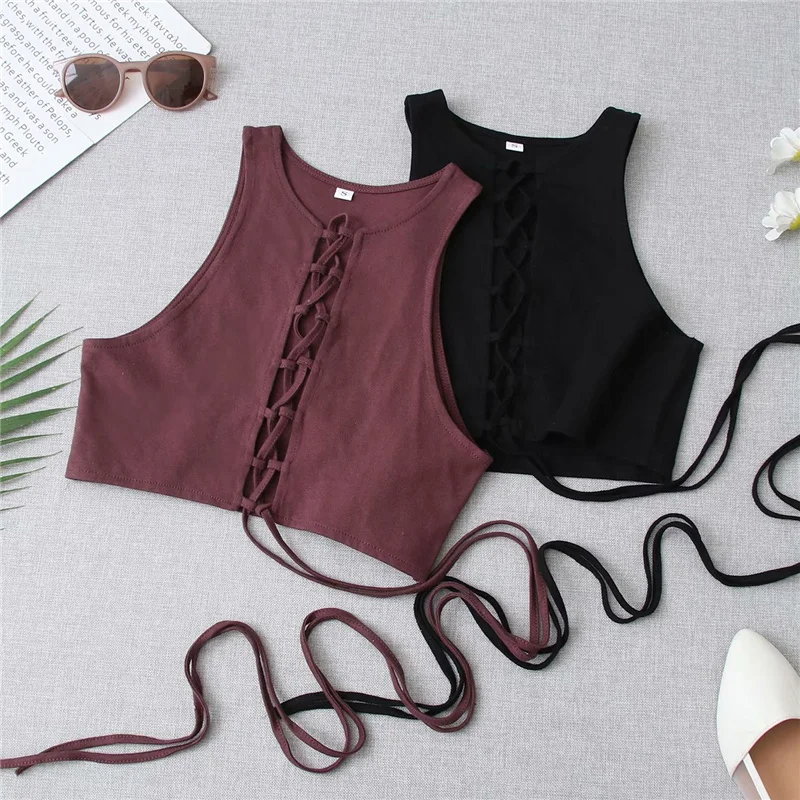 

Sexy Woman Black Slim Tops Summer Stretchy Lacing Crop Fashion Girls Y2K Hollow Out Top Ladies Streetwear Short Vest