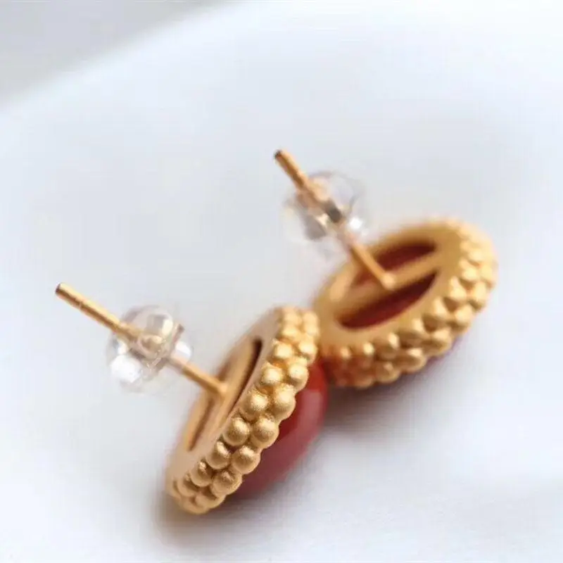 

Natural South Red Agate round Studs Women's 925 Silver Gold Inlaid Ancient Style Silver Earrings Chinese Style Simple Style