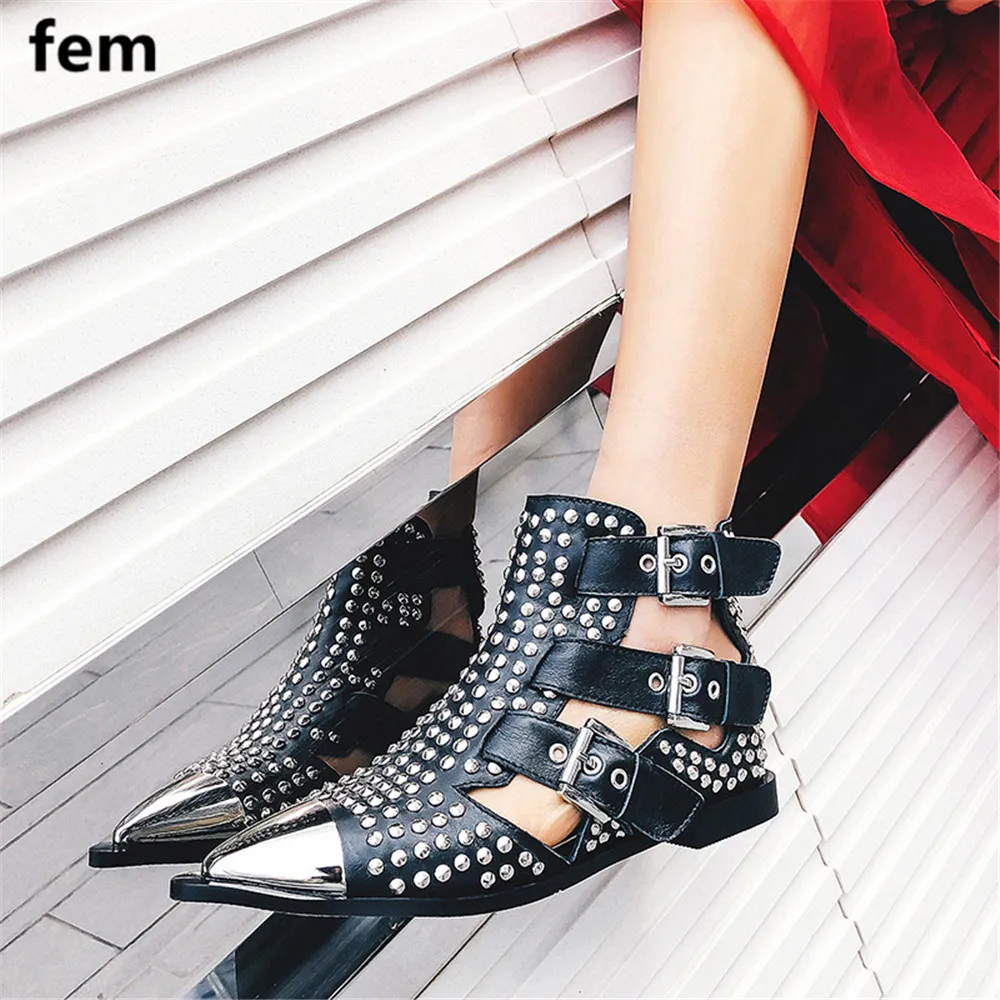 

Sandalias Punk Style Full Rivet Women Shoes Rock Buckle Metal Toe Femmes Ankle Boots Summer Pointed Toe Genuine Leather Popular