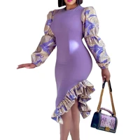 2022 spring new fashion asymmetric dress womens round neck print stitching temperament commuter bag hip ol office dress party