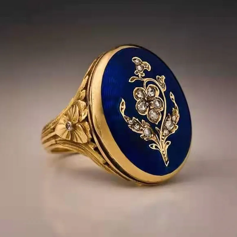 

2021 Vintage High Quality Luxury Punk Pearl Rings Blue Enamel Flower Men Rhinestone Gothic Party Male Jewelry Gift
