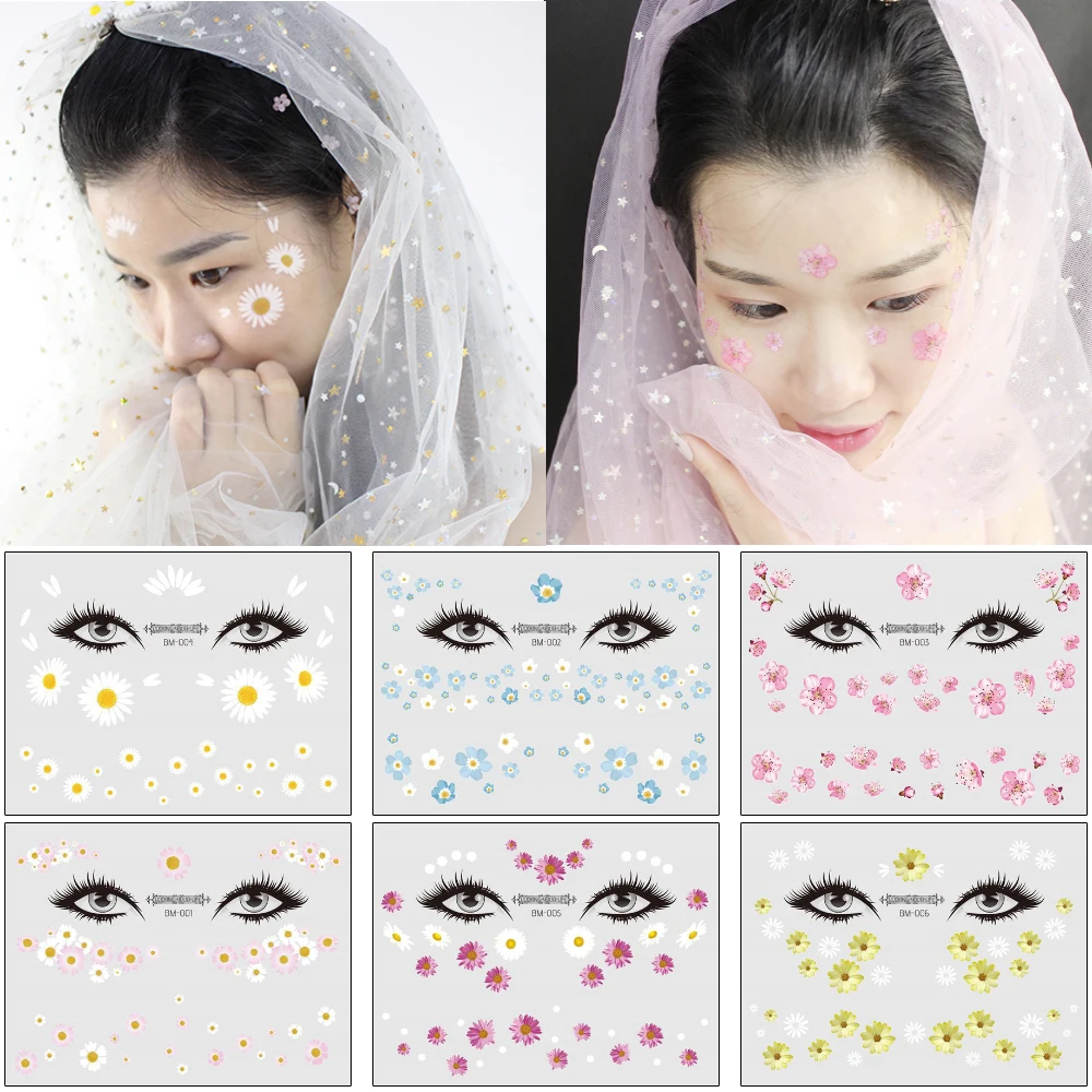 Макияж для лица тату маленькая белая Маргаритка розовый персик Цветущий цветок