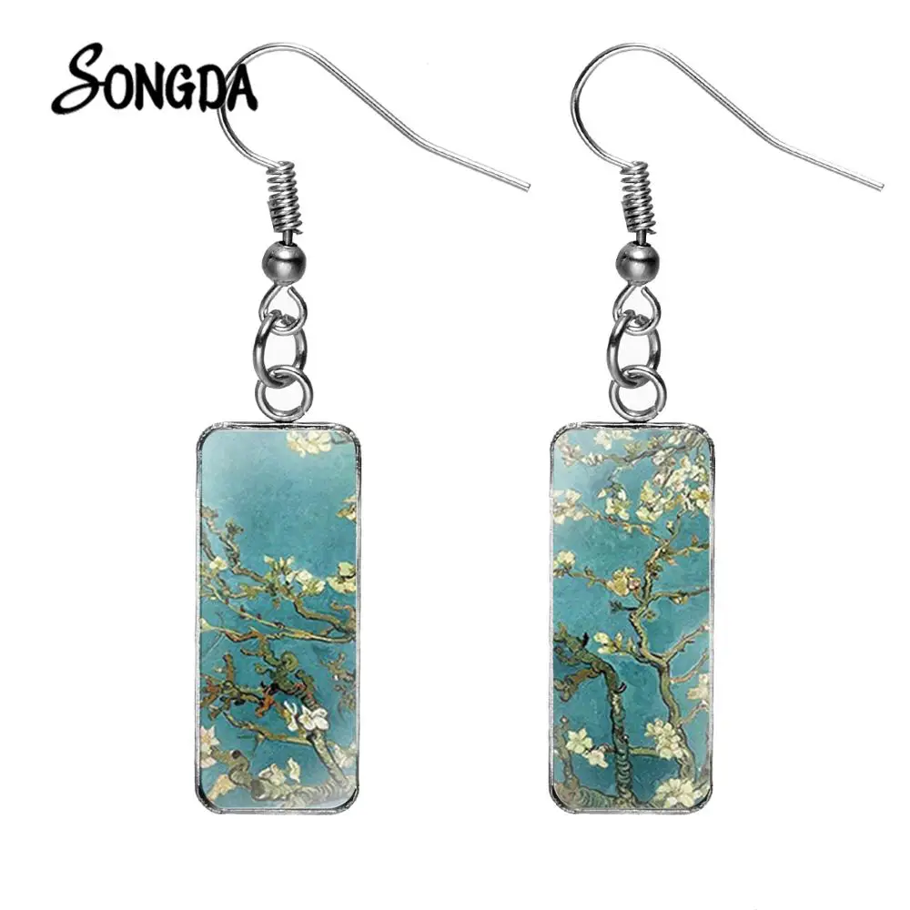 

Van Gogh Oil Painting Drop Earrings The Starry Night Sunflowers Irises Almond Rectangle Glass Earrings Handmade Jewelry Gifts