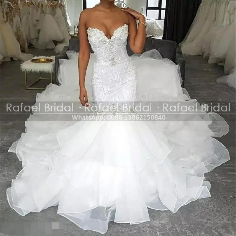 

Luxury White Lace Wedding Dress With Beads 2021 Tiered Mermaid Long Chapel Train Organza Sweetheart Neck Bridal Dresses