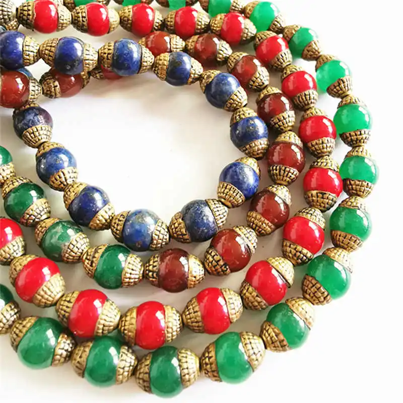 Тибетские бусины ручной работы металлические с укрытием из натурального камня