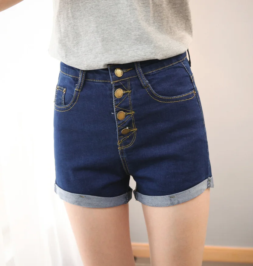 Женские джинсовые шорты с завышенной талией синие облегающие эластичные для