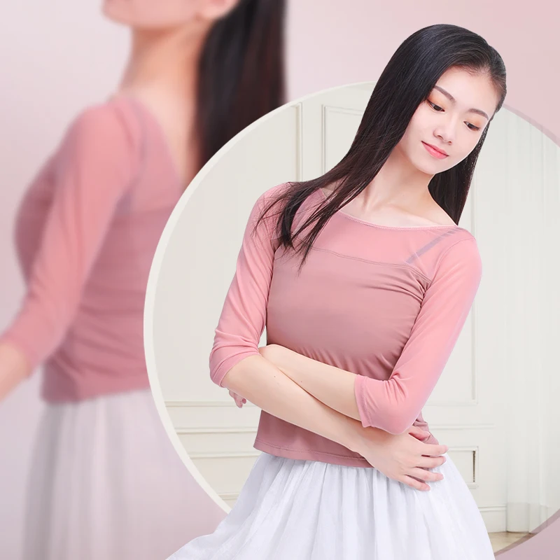 

Elegant Adults Ballet Pink Tops Yoga Ballerina Dance Costume Lady Woman Dance Tops Mesh Splice Ballet 3/4 Sleeve Clothing