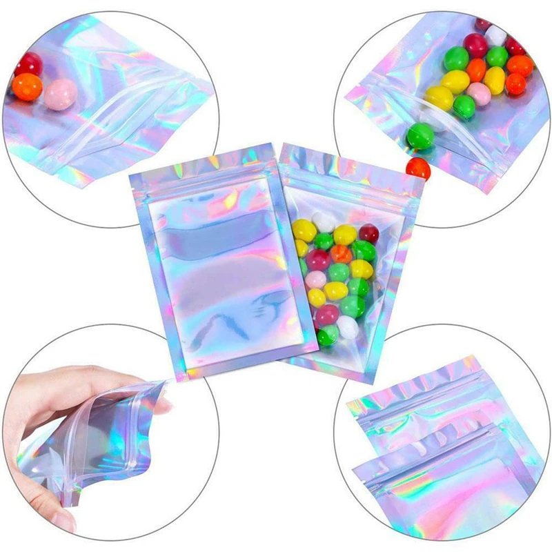 

100pcs 4 Sizes Flat Food Storage Ziplock Bag One Side Clear Holographic Bath Makeup Cosmetic Mini Aluminum Foil Bag Organizer