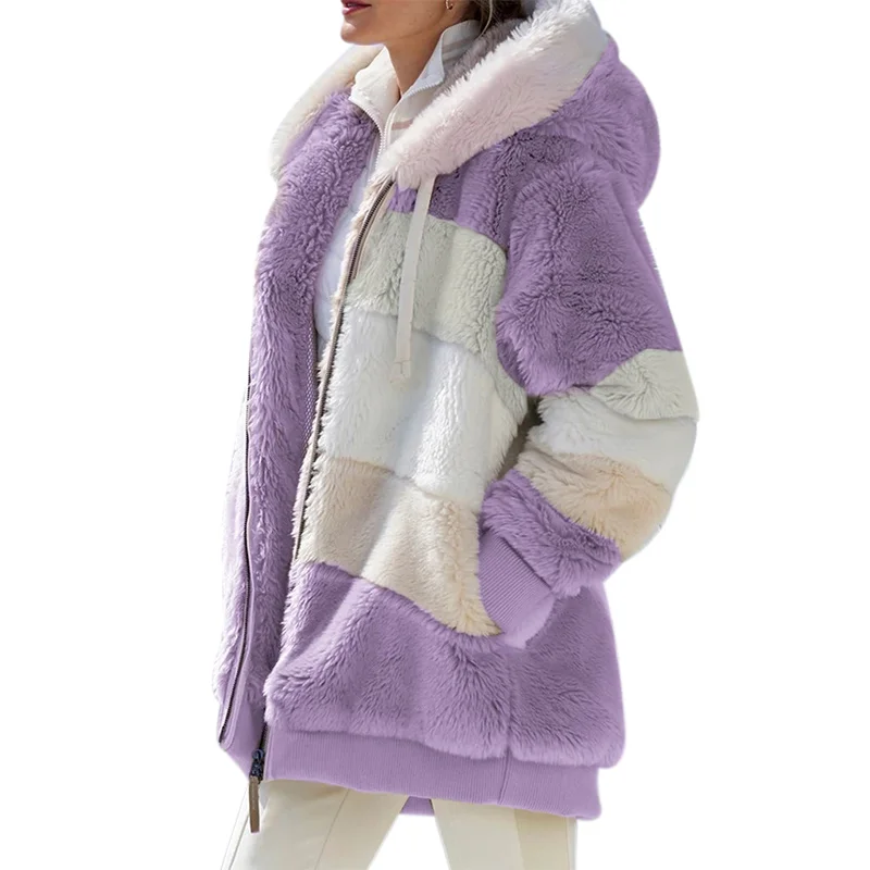 

Winter women jacket fashion Plush patchwork zipper pocket winter Hooded jacket retro loose Long Sleeve Plus Size Women Top Coat