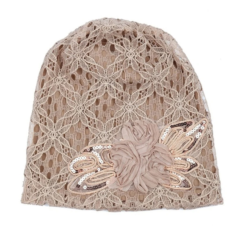 

Fashion Women Lace Floral Hat Pure Color Winter Hat Soft Turban Warm