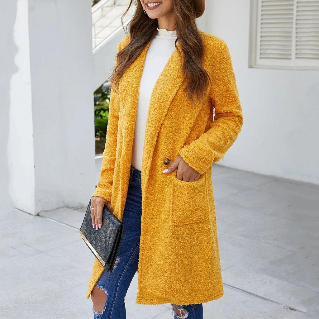 Женское свободное шерстяное пальто желтое средней длины с длинным рукавом и