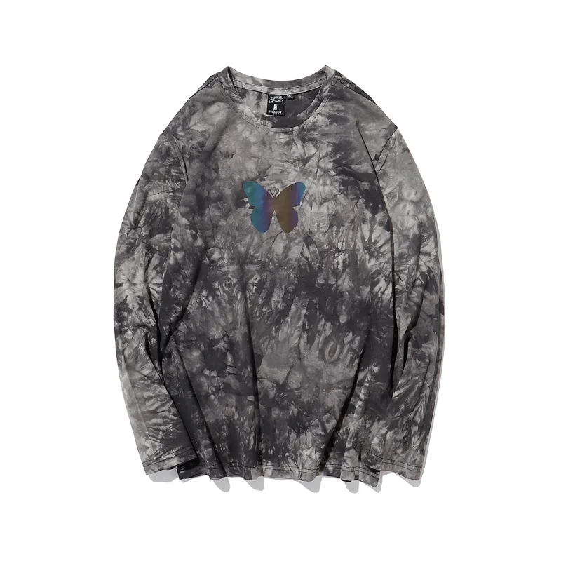 

2021 Spring Trend Tee Laser Reflection Butterfly Hip Hop Tie-dye Crewneck Couple Loose Long Sleeve T-Shirt Men Streetwear