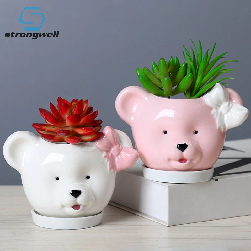 

Strongwell Home Decors Cartoon Bear Head Flower Pot Creative Hand Painted Ceramic Planter Wall Decoration Plants Bonsai Potted