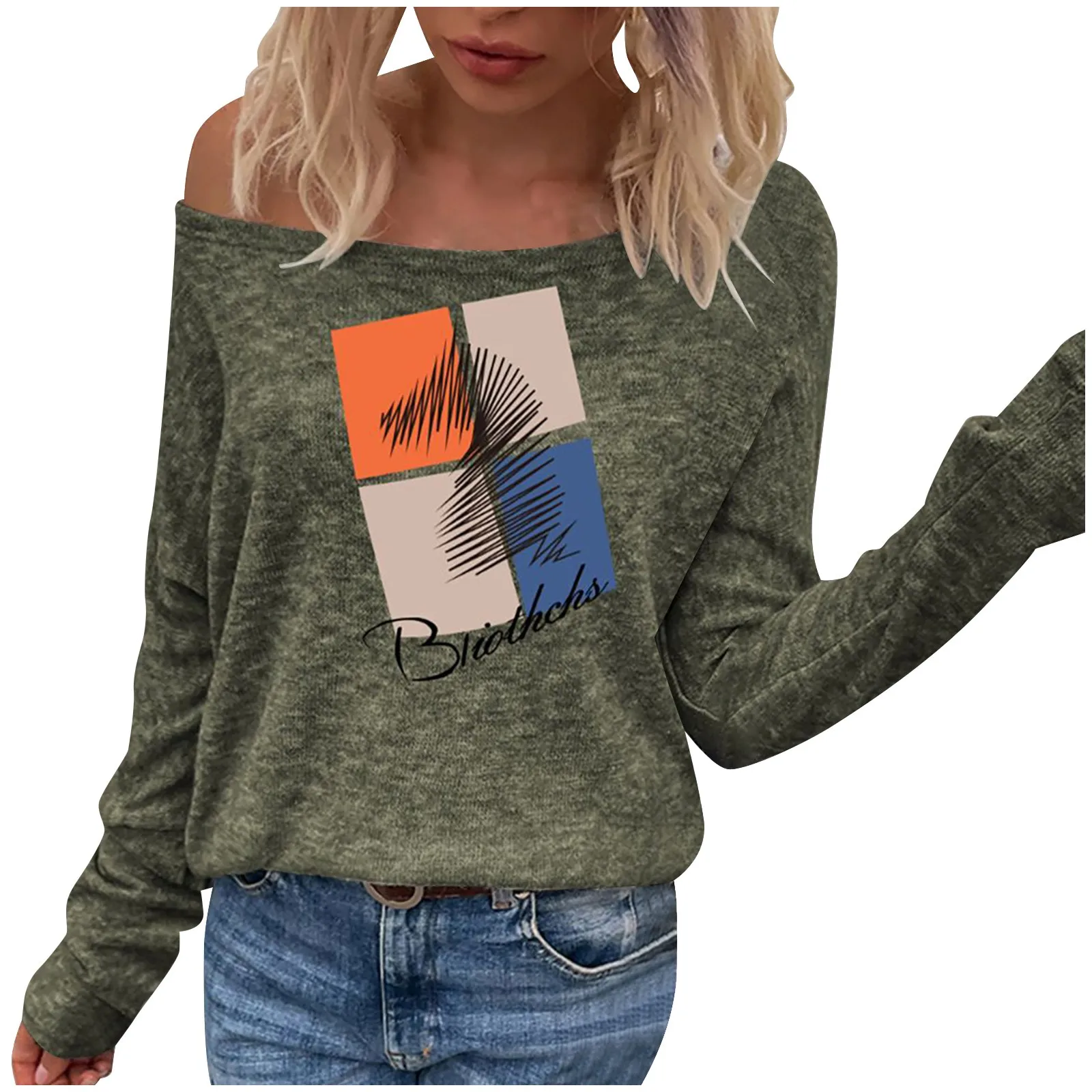 

Топ с длинным рукавом и принтом, разноцветный свитер с открытыми плечами, женский свитер большого размера