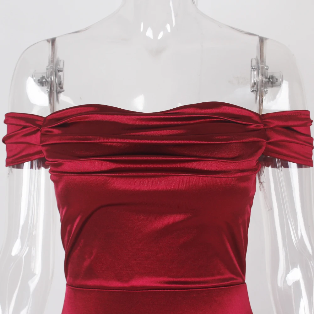 

Slash Neck Satin Maxi Dress Off the Shoulder Pleated Bodycon Elegant Long Evning Party Mermaid Dress