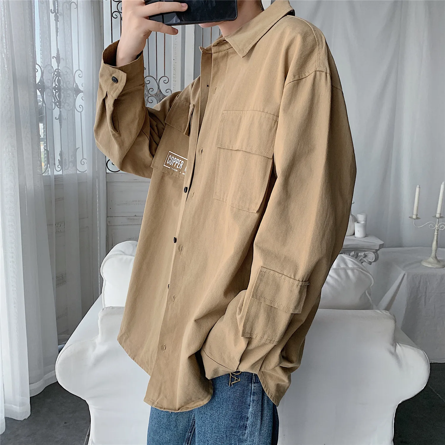 

Plus Size 5XL-M Autumn Winter Solid Long Sleeve Shirt Men Clothing 2021 Fashion Big Pockets Decor Loose Casual Chemise Homme Hot