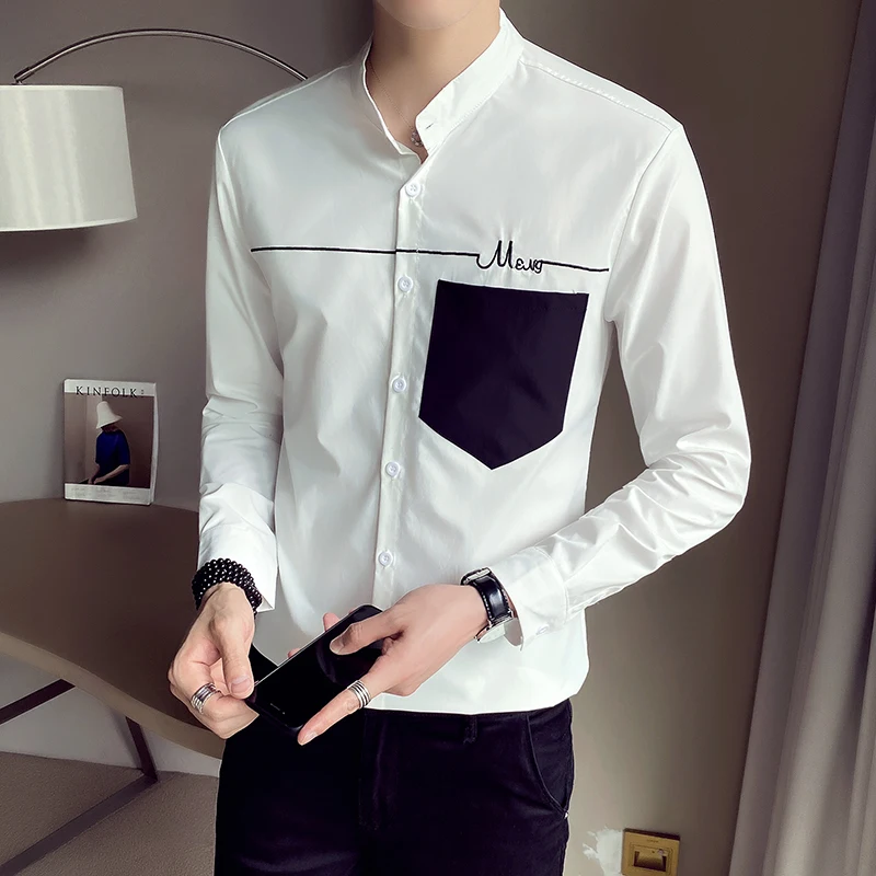 

2021 New Mens Stand Collar Shirts Cotton Single Patch Pocket Embroidered Letter High Quality Tops Casual Solical Clothing Male