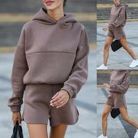 solid color short two piece set women outfits set long sleeve hooded pullovers top loose shorts 2 piece set women tracksuits