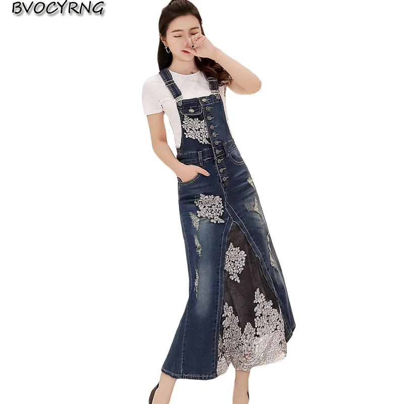 

Denim strap dress female long spring summer dress 2019 fashion slim High end jeans dresses women lace stitching bag hip dress