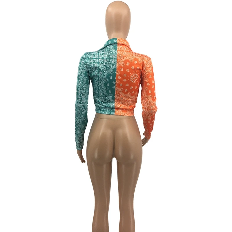 

STYLISH LADY Totem Printed Contrast Color Jacket 2020 Autumn Women Long Sleeve Turtleneck Irregular Club Party Short Coat Tops