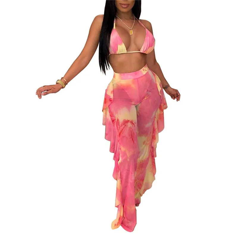 Женский комплект из прозрачного пляжного бюстгальтера и брюк с глубоким