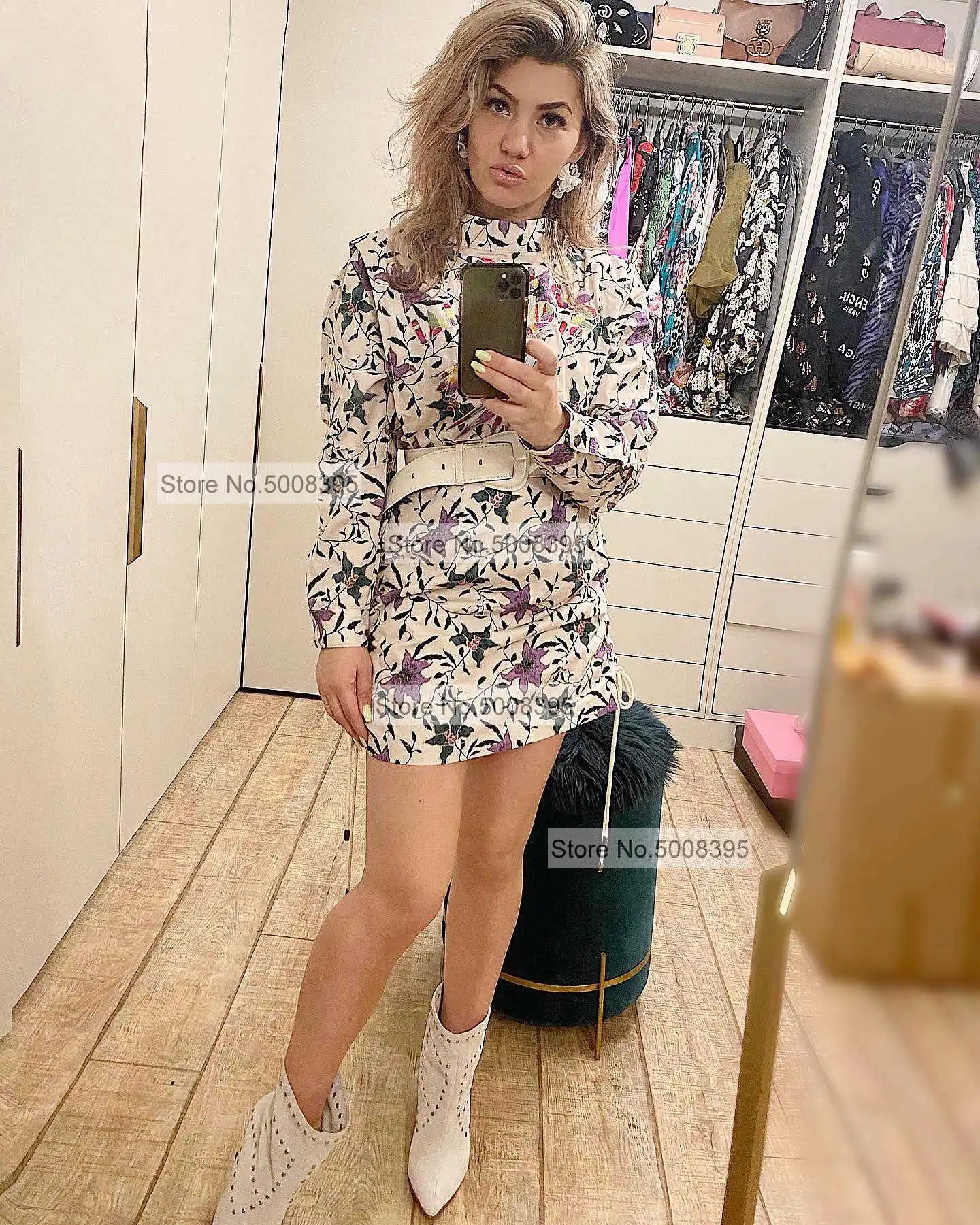 

Woman Floral Print Givens Mini dress Bird Embroidered Stand Collar Side Lace up tied Long Sleeves DRESS BACK BUTTONS