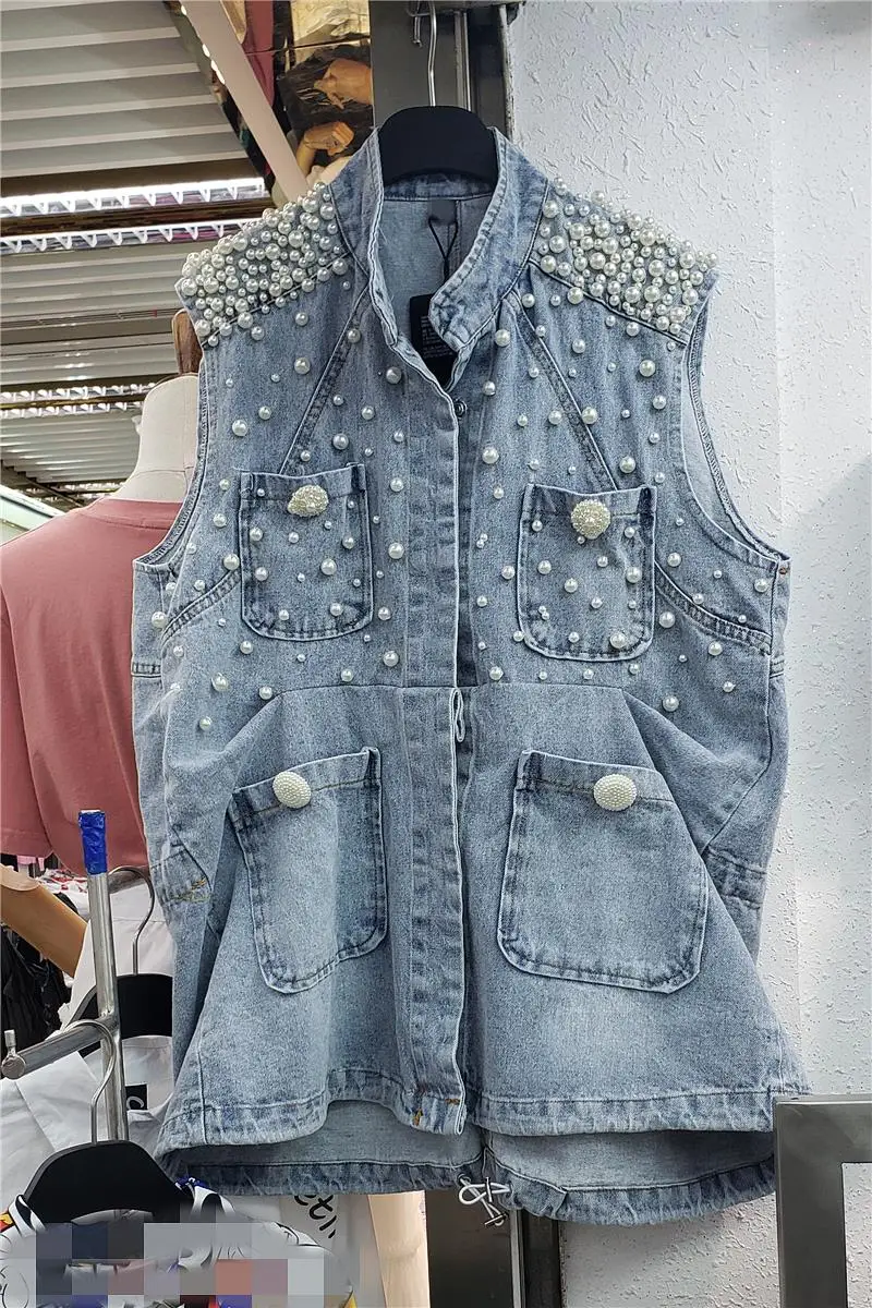 

Vadim Solid Coletes Sale Chaleco Mujer Colete Feminino Waistcoat 2020 New Heavy Industry Shoulder Pearl Nail Beads Loose Women