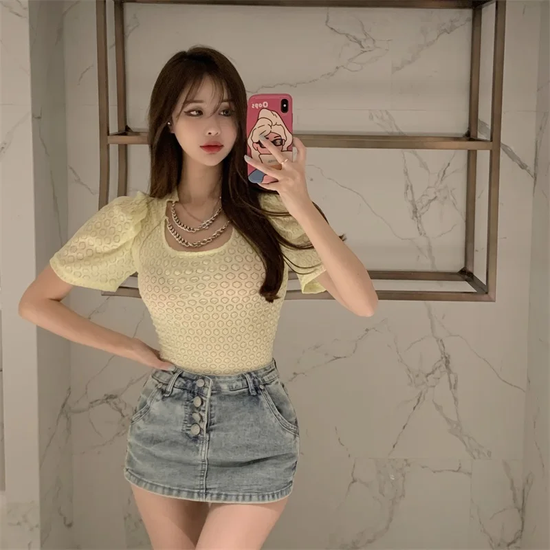 

Summer New Office Lady Casual Design Chain Print Patchwork Hollow Out Puff Sleeve Thin T-Shirt Round Neck Slim Solid Color Top