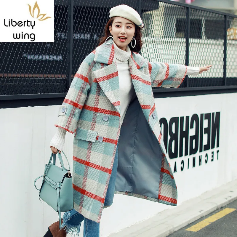 High Quality Brand Womens Coats Fashion Korean Plaid Sleeve Woolen Jacket Female Elegant Double Breasted Long Outerwear