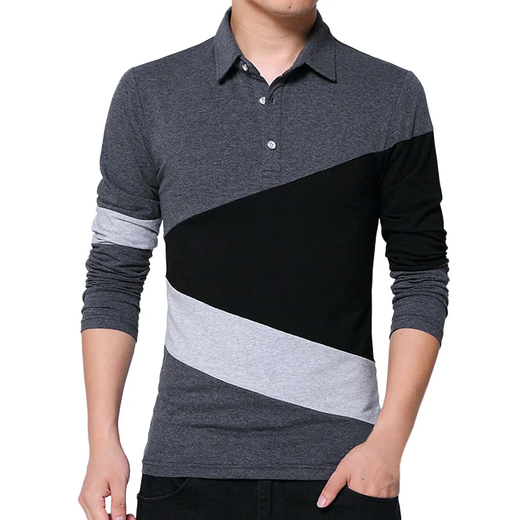 Брендовая мужская рубашка поло с длинным рукавом из кусков черная отворотом