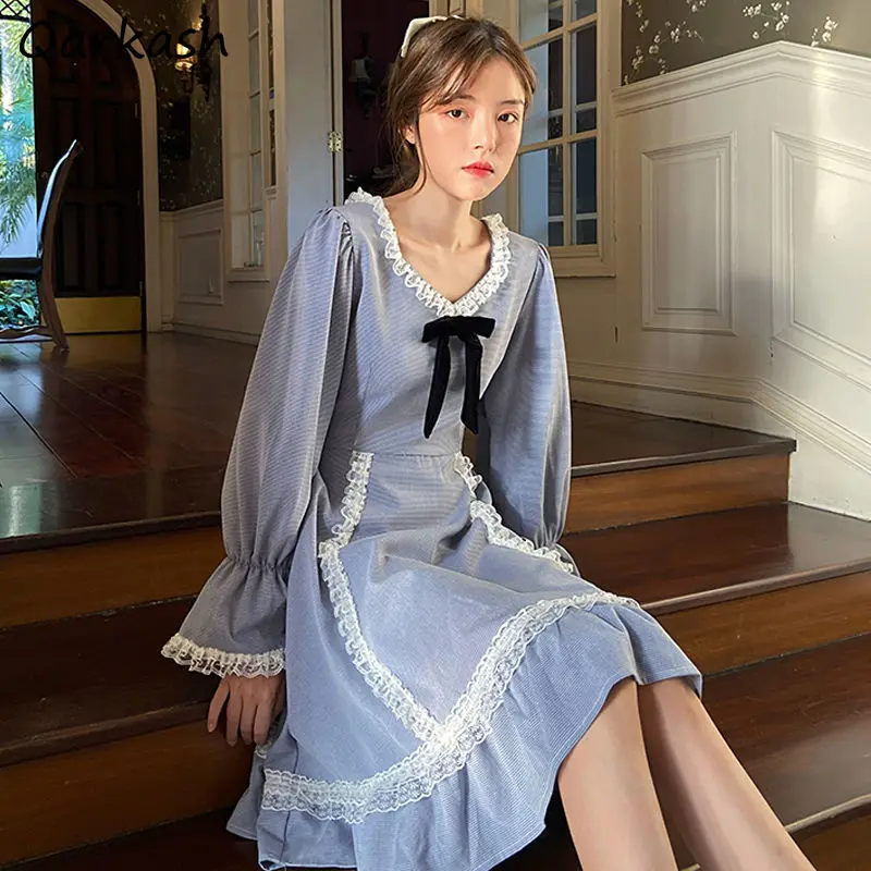 

Dress Women 2021 Autumn New High Waist Loose Kawaii Long Sleeve Lace Ruffle Sweet Princess Vestidos French Style Students A-LINE
