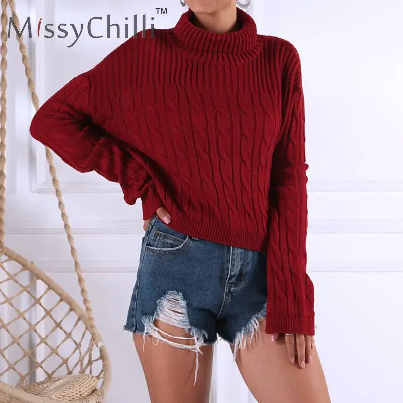 MissyChilli Wine red turtleneck jumper autumn sweater Winter woman knitting pullovers Long sleeve warm christmas | Женская одежда