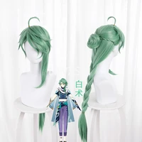 genshin impact cosplay baizhu wig removable bun baishu green 90cm long straight braided ponytail heat resistant hair role play
