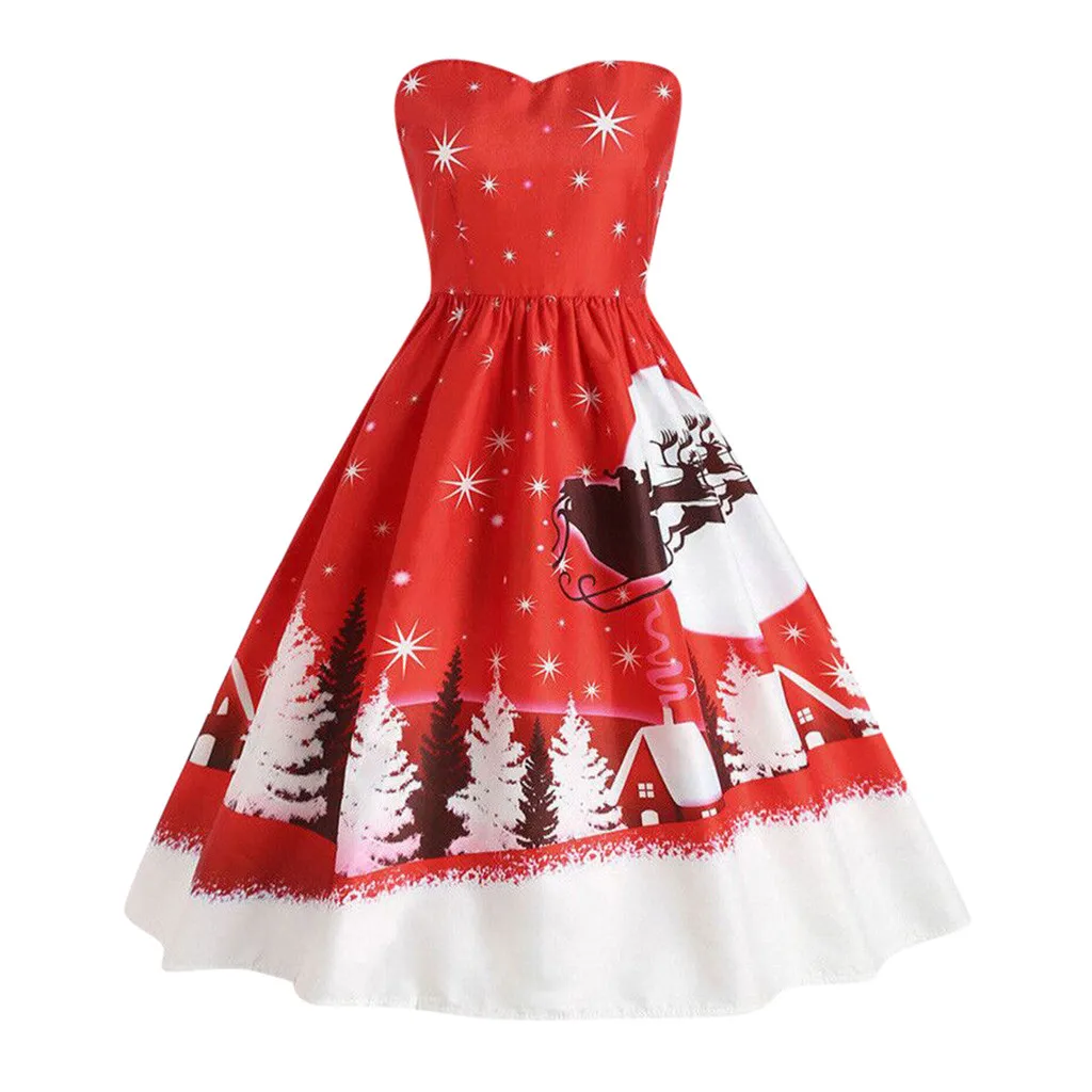 Autumn Elegant high waist dresses Christmas Printed Dress For Women Vintage Short Sleeve Bow Knot A-Line Swing Dress Suit
