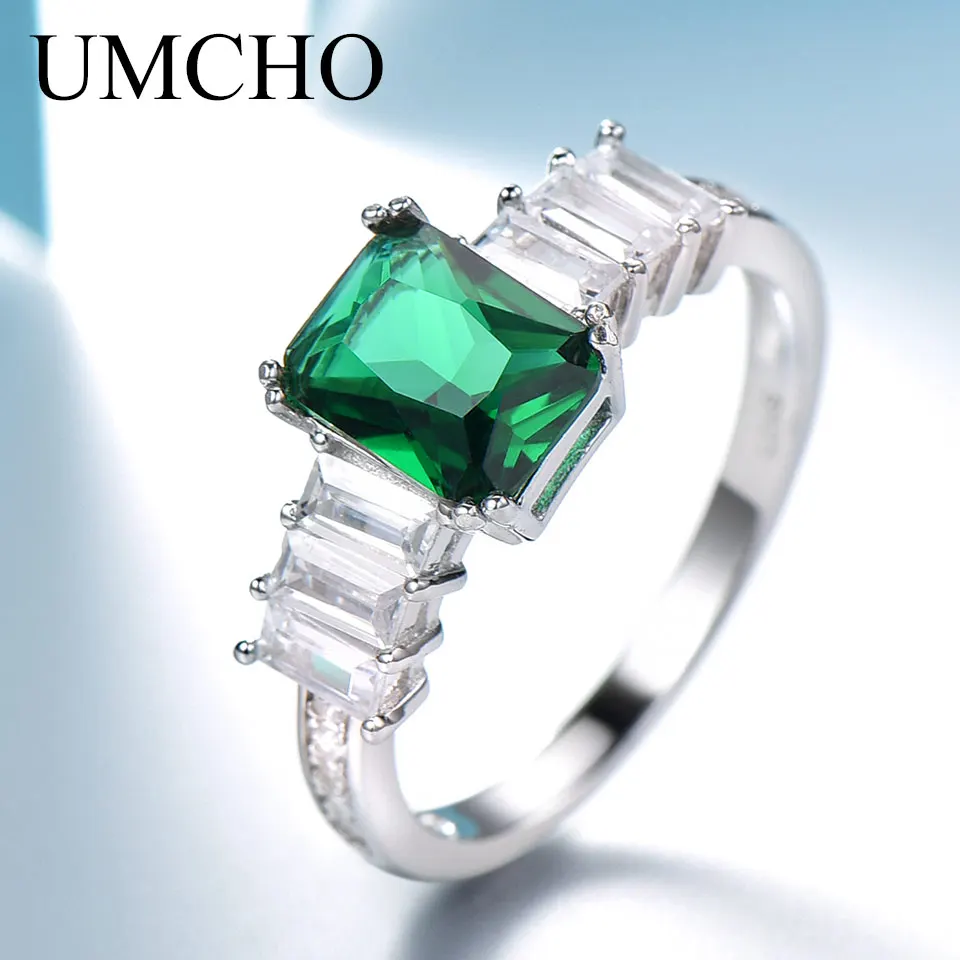 

UMCHO 100% Genuine 925 Sterling Silver Rectangle Green Gemsrtome Rings for Women Jewelry Christmas Gift Fine Jewelry