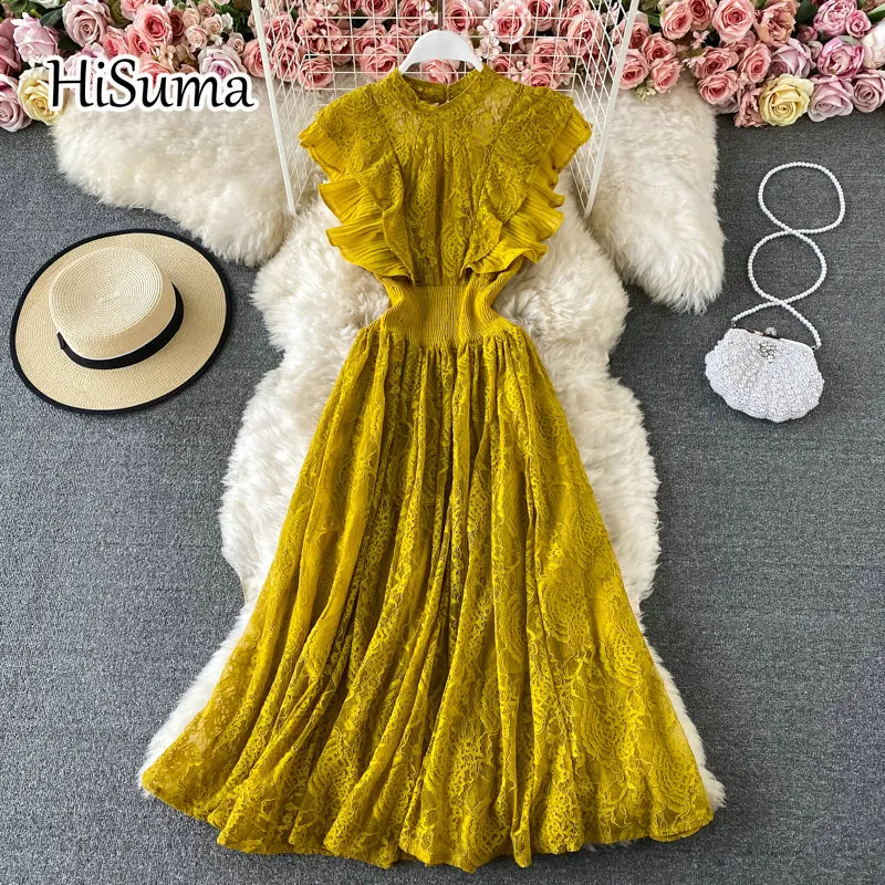 

2022 spring summer new women o-neck ruffles waist lace with chiffon A-line dress female Chic elegant waist party dresses