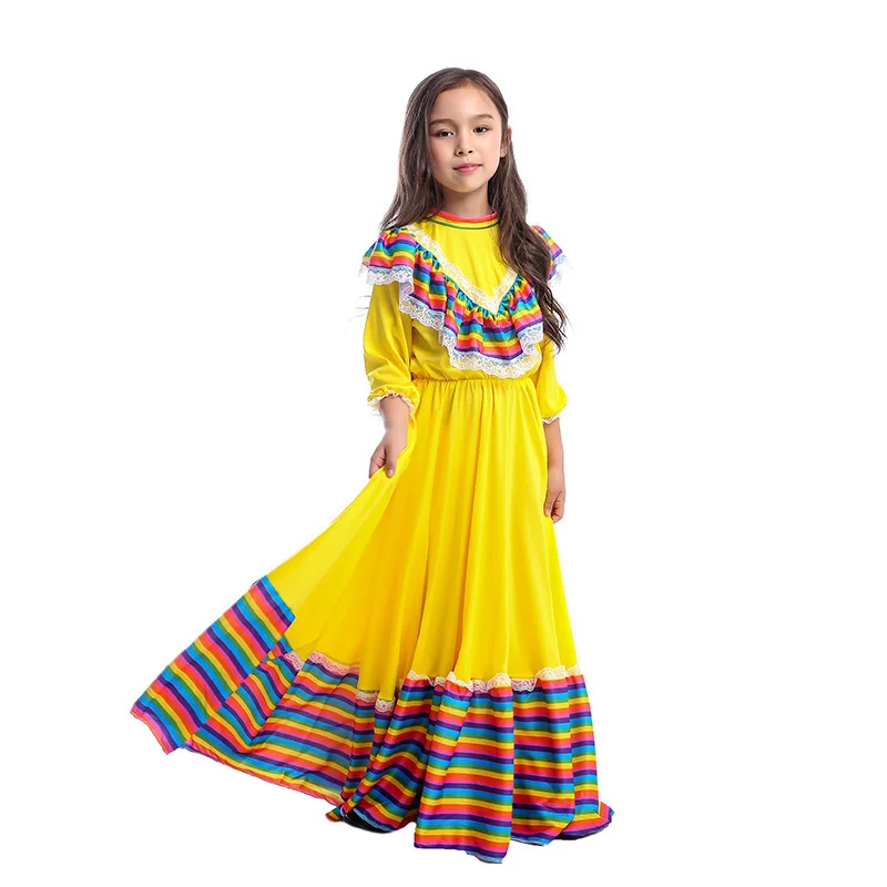 Traditional Mexican Girl Long Dress Dance Clothing Children's Day Kid Girls Stage Performance Clothes Cosplay jumpsuit |