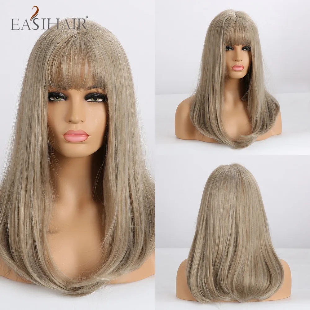 

EASIHAIR Long Dark Brown Straight Synthetic Wigs with Bangs Natural Hair Wigs for Women Afro Cosplay Heat Resistant Fiber Wigs