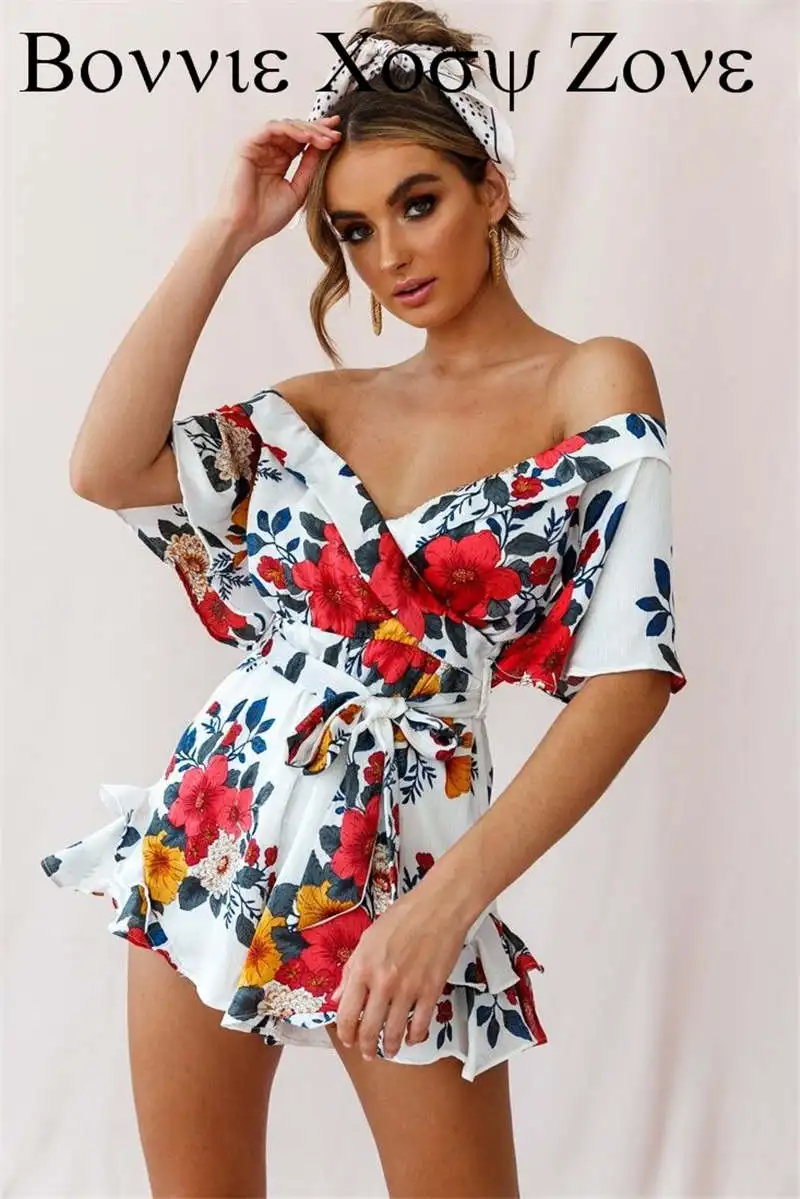 

Summer Women Layered Ruffles Knotted Front Floral Print Romper Sexy Chic One Piece