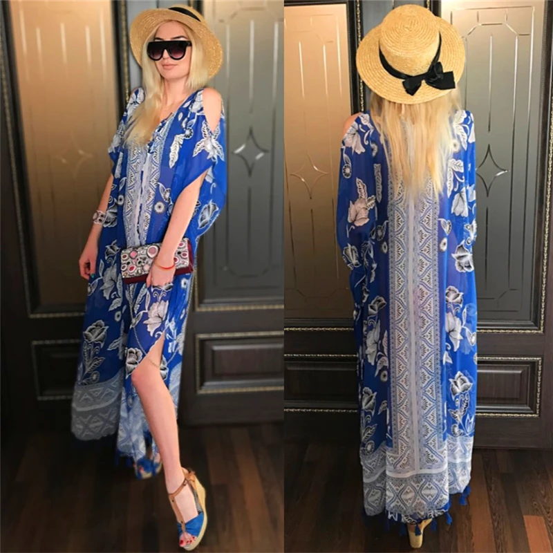 2022 голубое богемное пляжное платье на шнуровке с открытыми плечами и рукавом