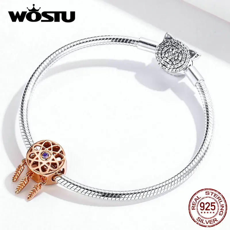 WOSTU 925 пробы серебряные бусины Ловец снов Розовое Золото Шарм Подходит браслет Подвеска Серебро 925 ювелирные изделия FIC330